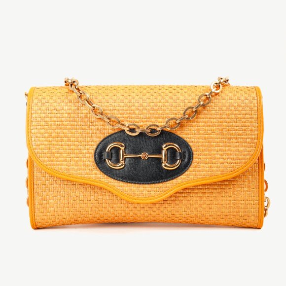 Gucci Horsebit 1955 Yellow Raffia Leather-Trimmed Shoulder Bag - Picture 1 of 13